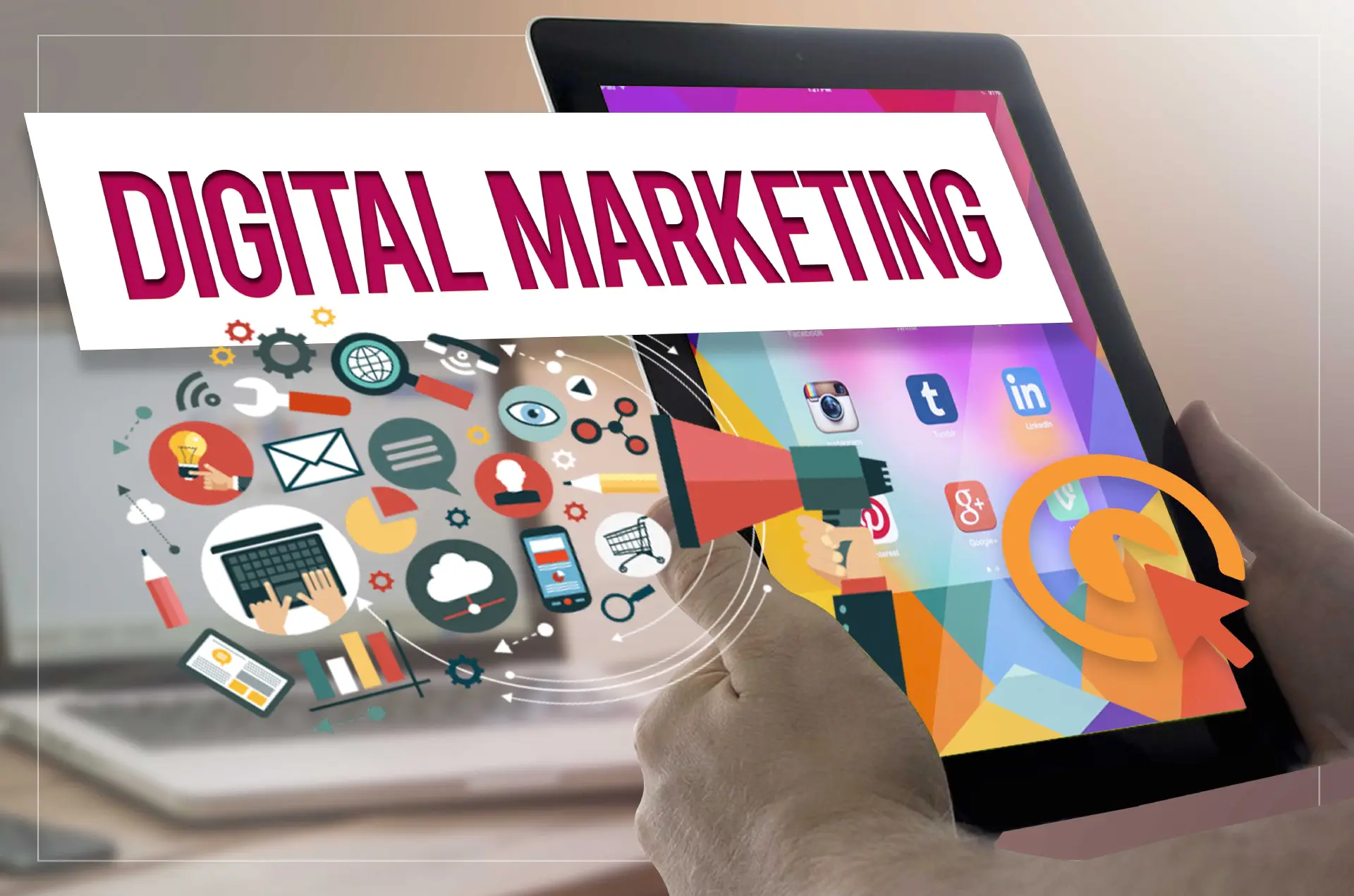 Ein Tablet mit Symbolen und der Überschrift Digital Marketing